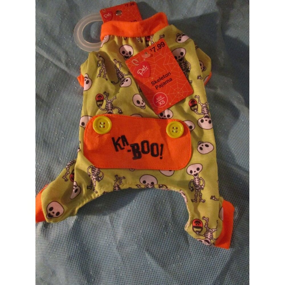Pet Central Skeleton Dog Pajamas Green/Orange Trim Halloween KA BOO Size XS
